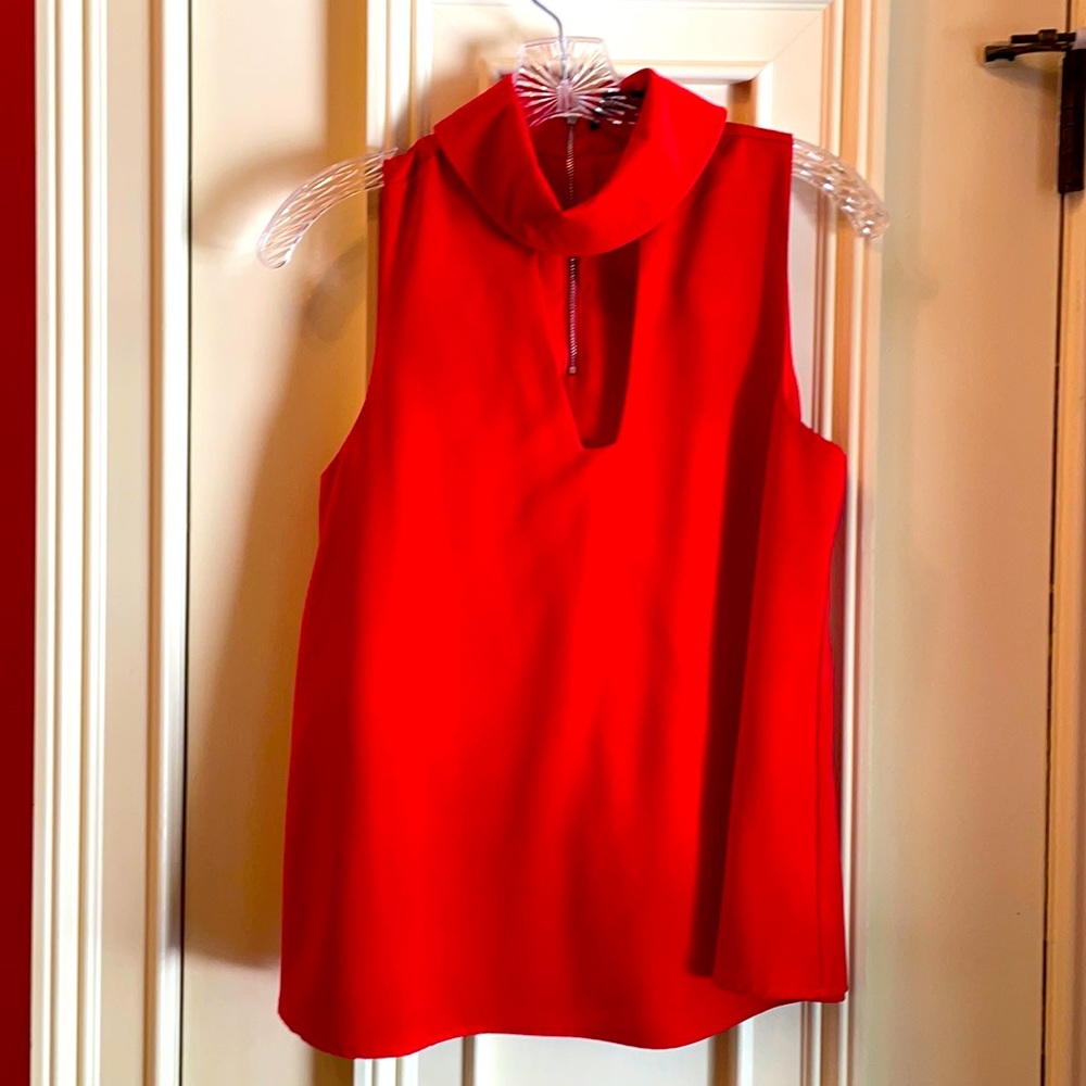 Red polyester roll neck top/open v-neck
